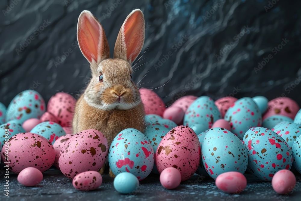 Happy Easter Eggs easter egg history. Bunny hopping in flower vivid decoration. Adorable hare 3d easter parade rabbit illustration. Holy week lettered card Festivity