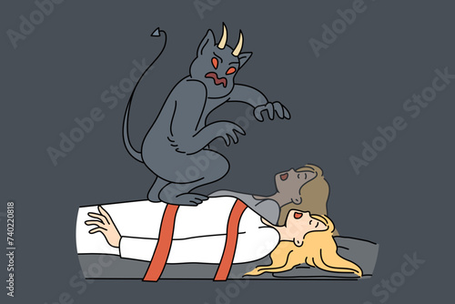 Evil monster steals soul of sleeping, bound woman who needs protection from fairytale devil. Nightmare of girl seeing attack by horned devil trying to take possession of soul of own victim