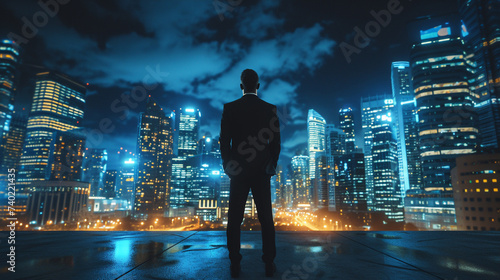 Silhouette of a businessman standing with his back to the camera  gazing out over a sprawling city skyline at night