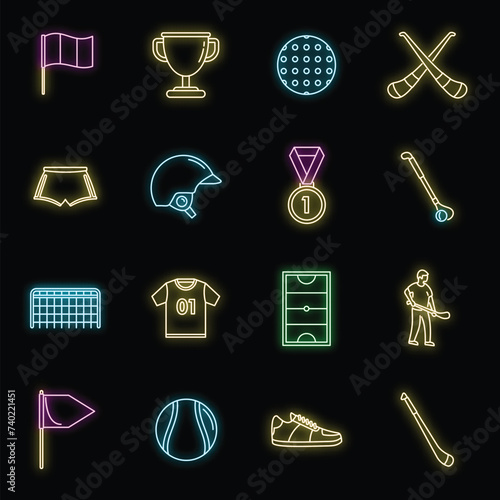 Hurling game icons set. Outline set of hurling game vector icons neon color on black