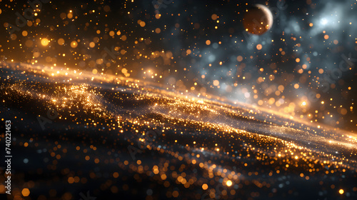 Luminous black and gold particles floating with a celestial alignment of planets and stars.