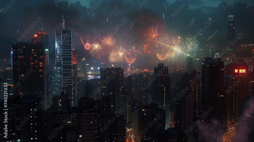 Within a bustling cityscape, skyscrapers serve as the backdrop for an awe-inspiring fireworks extravaganza, lighting up the urban skyline with bursts of brilliance and color. - obrazy, fototapety, plakaty 