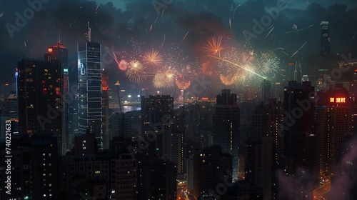 Within a bustling cityscape, skyscrapers serve as the backdrop for an awe-inspiring fireworks extravaganza, lighting up the urban skyline with bursts of brilliance and color.