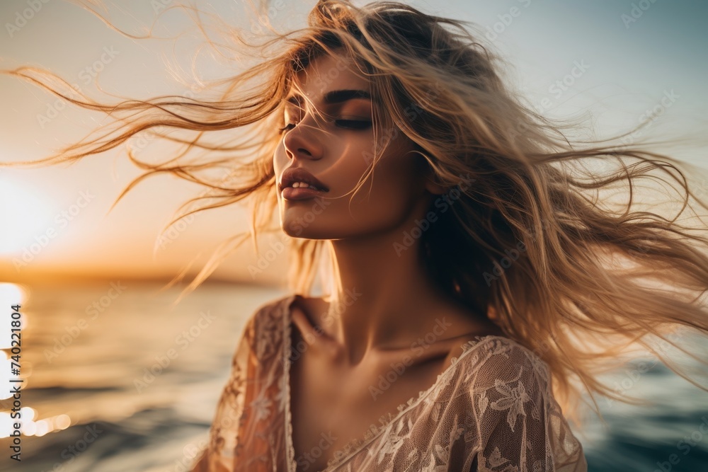 A woman enjoys the serenity of a beach sunset, enjoying the gentle warmth of the sun on her skin, the beach breeze gently tossing her hair in her flowing beach dress.
