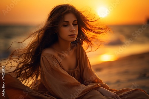 A woman enjoys the serenity of a beach sunset, enjoying the gentle warmth of the sun on her skin, the beach breeze gently tossing her hair in her flowing beach dress.