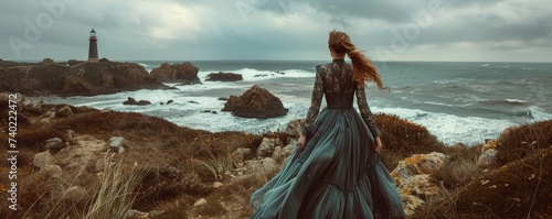French Breton dress on rocky coast, lighthouse in the distance, sea breeze