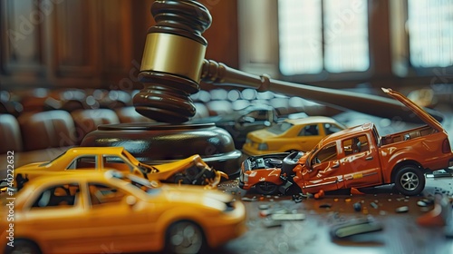 Tabletop scene depicting crashed autos in a courtroom, highlighting a gavel and toy car models