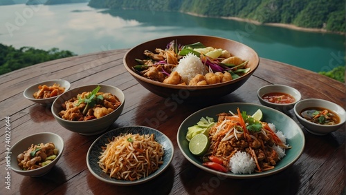 assorted thai food in flat lay composition on a wooden terrace overlooking mountain lake