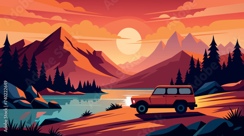Car Parked by Road Near Lake