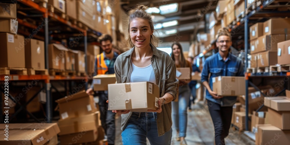 Smiling Young Professionals Streamline Operations in a Modern, Organized Warehouse Environment, Generative AI Smiling Young Professionals Streamline Operations in a Modern, Organized Warehouse Environment, Generative AI