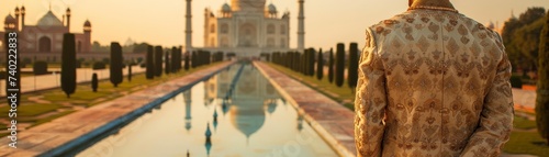 Indian sherwani at Taj Mahal, elegance and architectural wonder combined photo