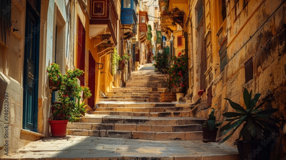 Maltese Ghonnella in Valletta's old streets, baroque architecture, timeless elegance