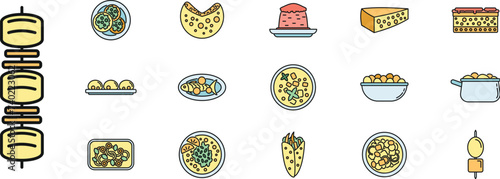 Travel Greece food icons set. Outline set of Travel Greece food vector icons thin line color flat on white