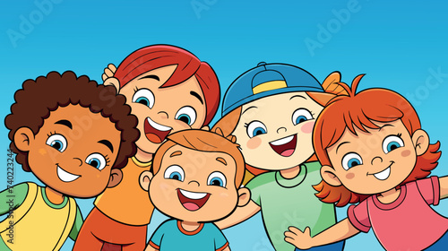 Group of Cheerful Cartoon Children Under Blue Sky