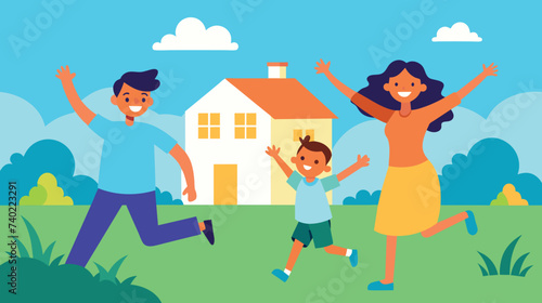 Family Running in Front of House