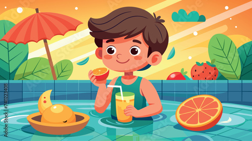 Young Boy Drinking Orange Juice in Pool