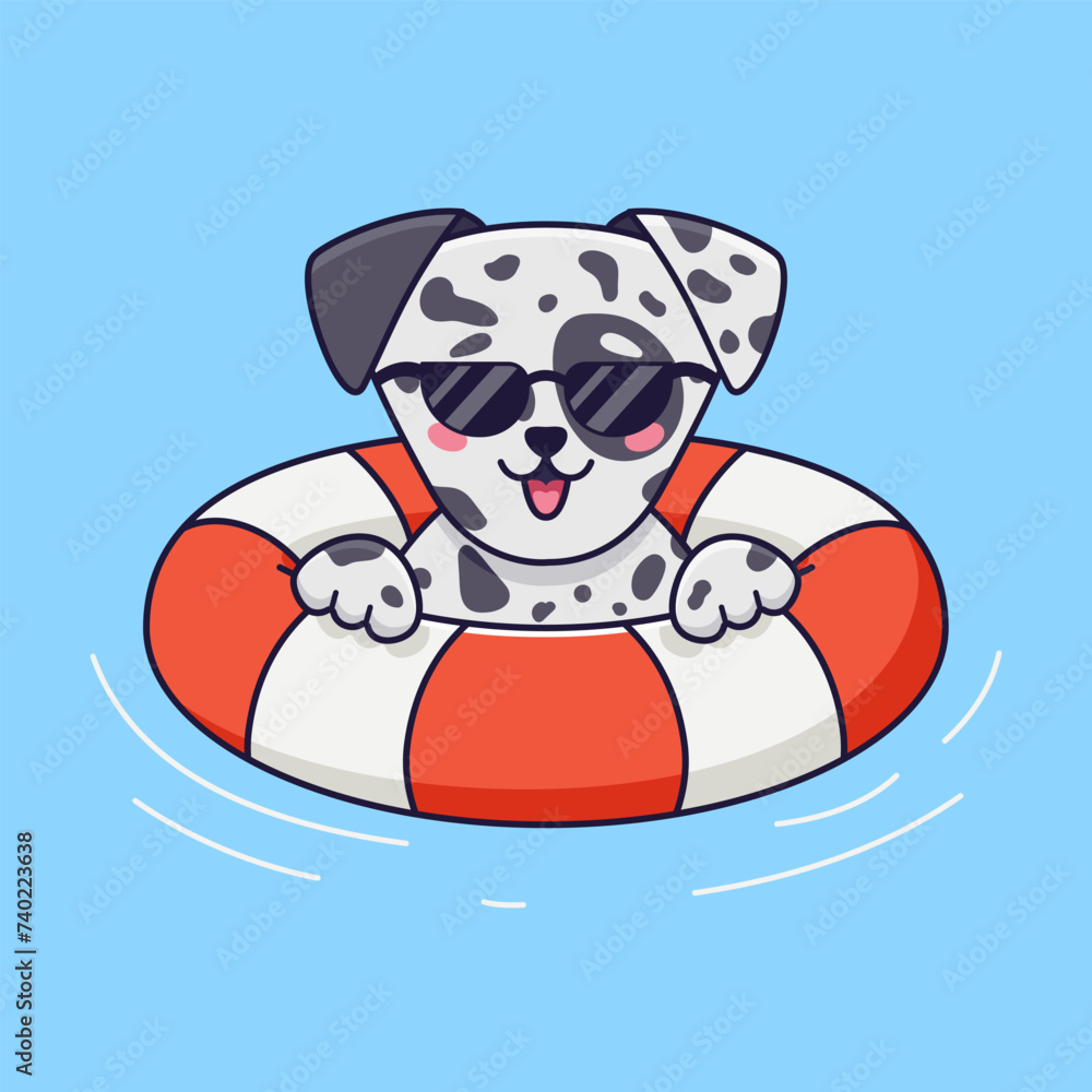 Cute dalmatian dog in sunglasses swims in inflatable circle. Vector flat illustration Cute dalmatian dog in sunglasses swims in inflatable circle. Vector flat illustration