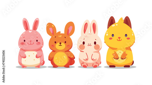 Adorable cartoon bunnies and kitten lineup illustration