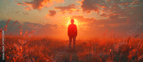 sunset in the field, a person looking at the sun