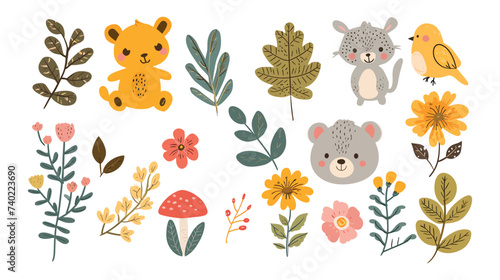 Cute woodland animals and floral illustration set