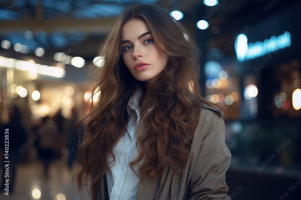 Beautiful brunette, chic and stylish, poses against festive lights, a vision of grace and beauty. Beautiful brunette, chic and stylish, poses against festive lights, a vision of grace and beauty.