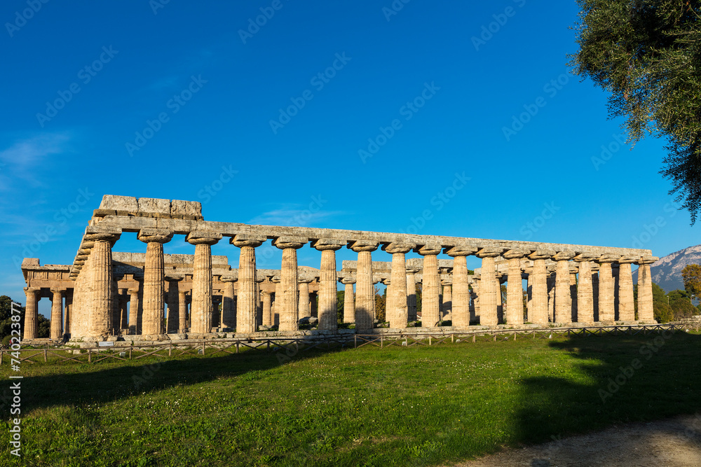Italy Paestum city ruins on a sunny autumn day