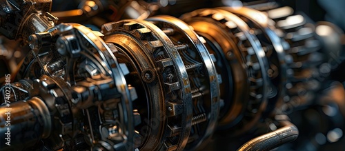This close-up photo captures a machine with numerous gears, showcasing the complexity and mechanics of the device.