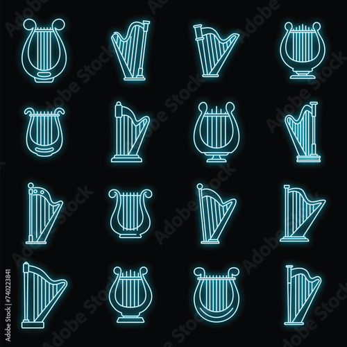Harp instrument icons set. Outline set of harp instrument vector icons neon color on black