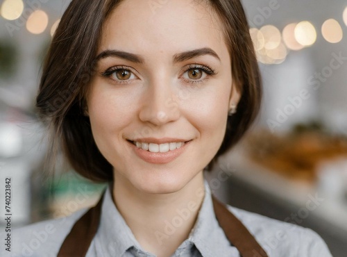 Beauty smiling woman cashier wearing apron at store, face closeup portrait.