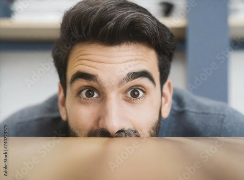 Funny scared adult man looking surprised, looking to the camera, while hiding behind a table. Copy space.