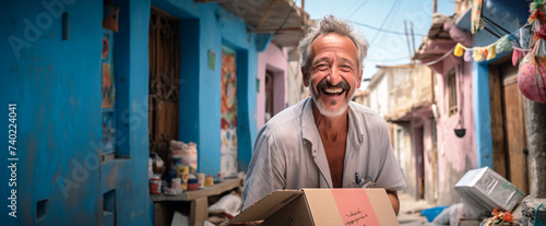 Happy man in poverty working with trash and cardboard to sell, copy space © Agustin A