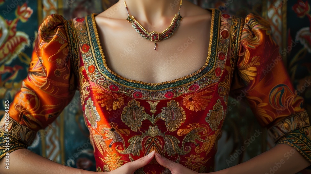 Thai silk dress in Bangkok palace, intricate patterns, regal posture Thai silk dress in Bangkok palace, intricate patterns, regal posture