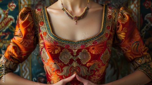 Thai silk dress in Bangkok palace, intricate patterns, regal posture