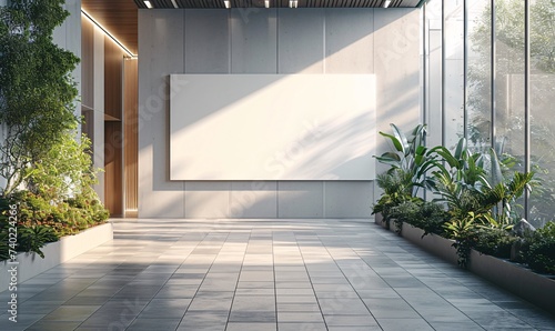 A modern building stands tall against a tree-lined sidewalk, its white walls reflecting the surrounding outdoor beauty as a solitary houseplant adds a touch of life to the property's clean architectu photo