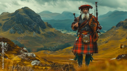Vibrant Scottish kilt against rugged Highlands backdrop, bagpipes in air photo