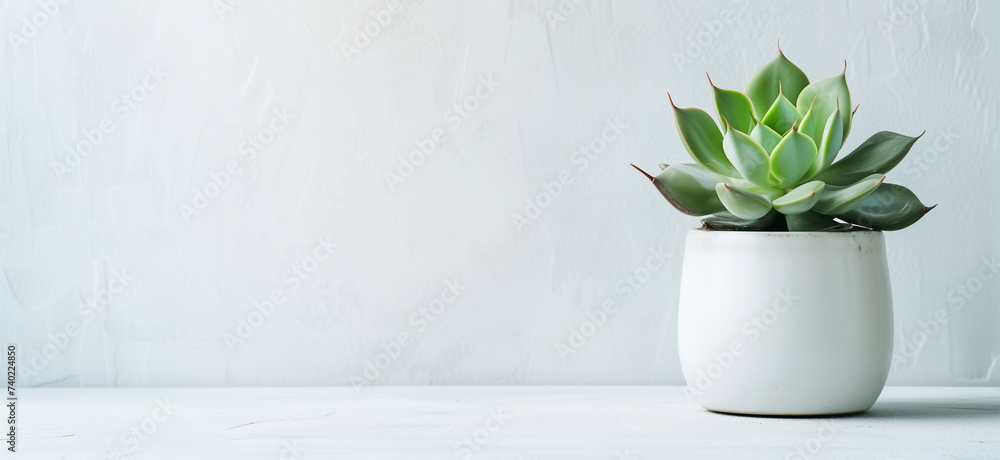 Succulent plant in white pot on clean background. Minimalist interior design and greenery concept. Banner with copy space.