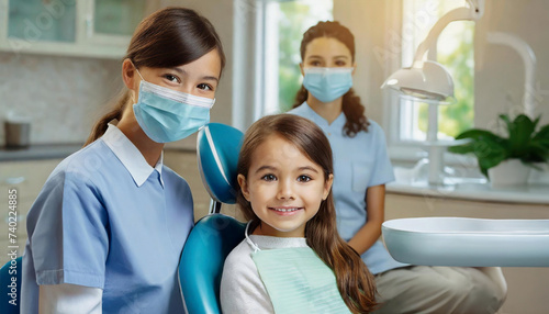 a young girl with white teeth smiles while sitting in a modern pediatric dentistry office  the dentist and doctors assisting in masks stand nearby