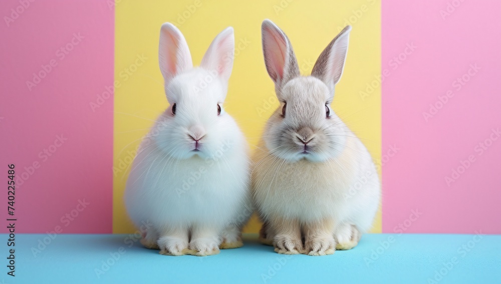 Two domestic rabbits sit peacefully side by side on a vibrant blue wall, their fluffy coats and gentle demeanor evoking a sense of warmth and comfort in their indoor sanctuary Two domestic rabbits sit peacefully side by side on a vibrant blue wall, their fluffy coats and gentle demeanor evoking a sense of warmth and comfort in their indoor sanctuary