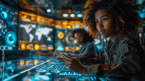 A girl in stylish clothing sits at a control panel, her face reflecting intense focus as she curates the perfect playlist for an indoor music event photo