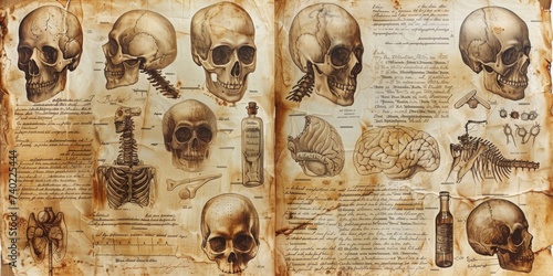 Detailed Illustrations of Human Skulls and Skeleton on Aged Parchment, Reflecting the Intricacy of Medical Knowledge, Generative AI #740225444