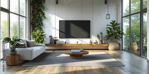 A modern and cozy living room with a wall-mounted tv, featuring sleek interior design, natural lighting from the window, a houseplant and flowerpot adding a touch of greenery, a comfortable studio co