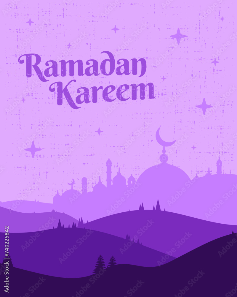 Ramadan kareem with mosque illustration and hill landscape in purple color. Vector backgrounds. Suitable for cover art, jersey, card, poster and banner template.