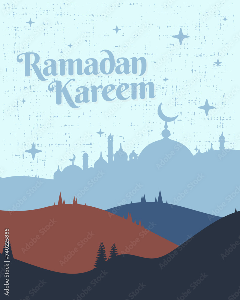 Ramadan kareem with mosque illustration and hill landscape. Vector backgrounds. Suitable for cover art, jersey, card, poster and banner template. Ramadan kareem with mosque illustration and hill landscape. Vector backgrounds. Suitable for cover art, jersey, card, poster and banner template.