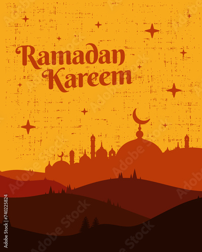 Ramadan kareem with silhouette of mosque illustration and hill landscape in brown color. Vector backgrounds. Suitable for cover art, jersey, card, poster and banner template.