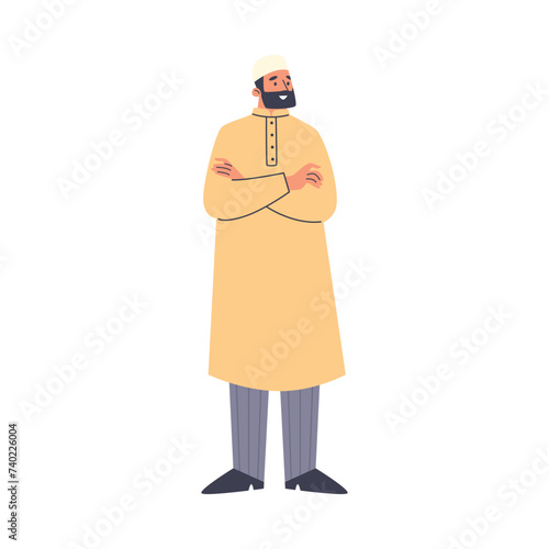 Flat vector illustration of an oriental man dressed in simple modern Muslim clothing.