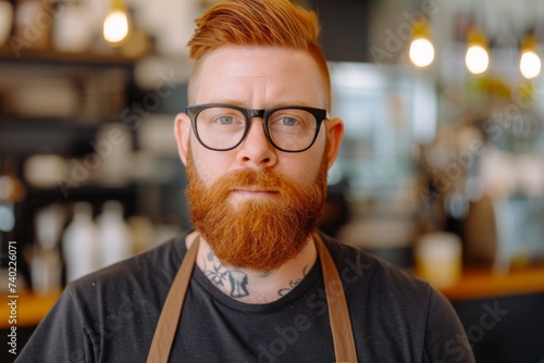 A bearded man with fiery red hair and glasses exudes a sense of intelligence and sophistication, as he stands confidently indoors wearing a crisp shirt and well-groomed facial hair