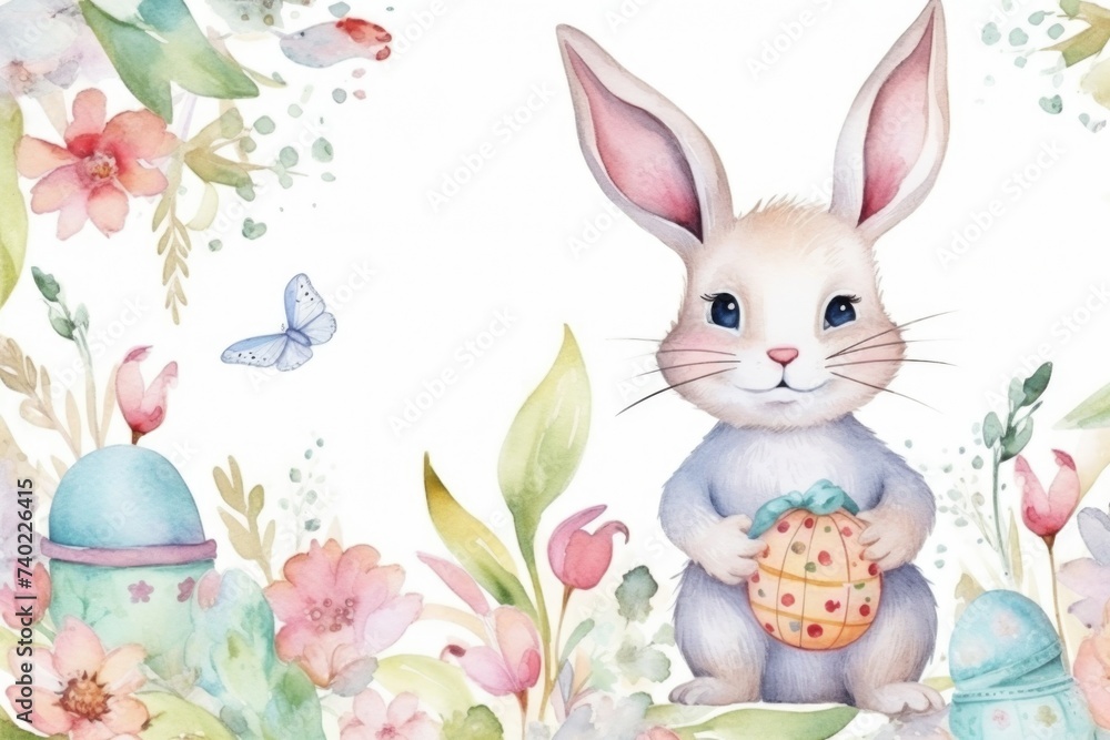Cute watercolor bunny with flowers