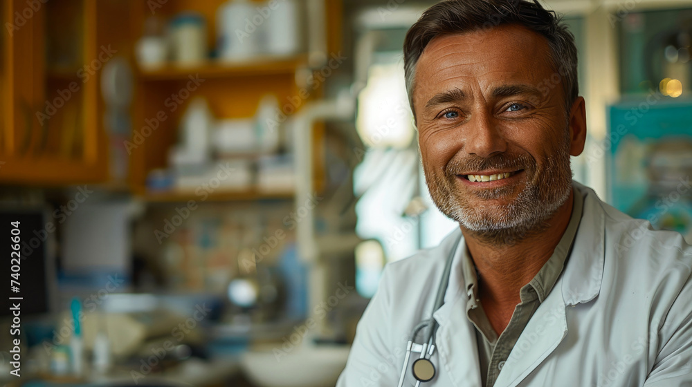 A man stands confidently in his white coat, his smiling face framed by the plain white wall behind him as he exudes intelligence and professionalism A man stands confidently in his white coat, his smiling face framed by the plain white wall behind him as he exudes intelligence and professionalism