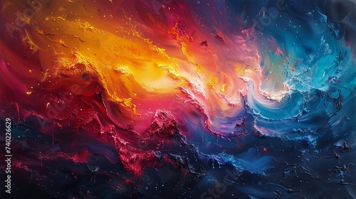 A cascade of vibrant hues flowing across the canvas, where thick layers of oil paint merge and separate, creating a dynamic play of colors reminiscent of a vivid dreamscape. 