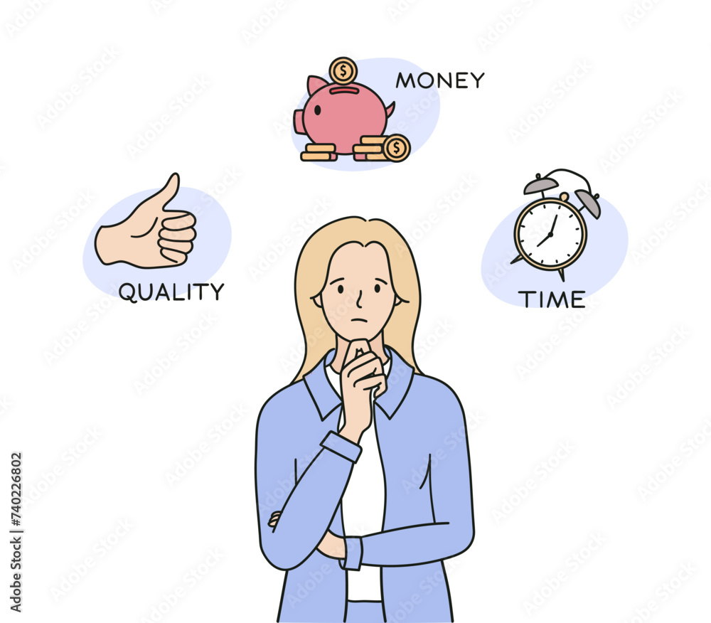 Thinking character. The concept of the difficulty of choosing money, approval, time. Hand drawn illustration vector design. Thinking character. The concept of the difficulty of choosing money, approval, time. Hand drawn illustration vector design.